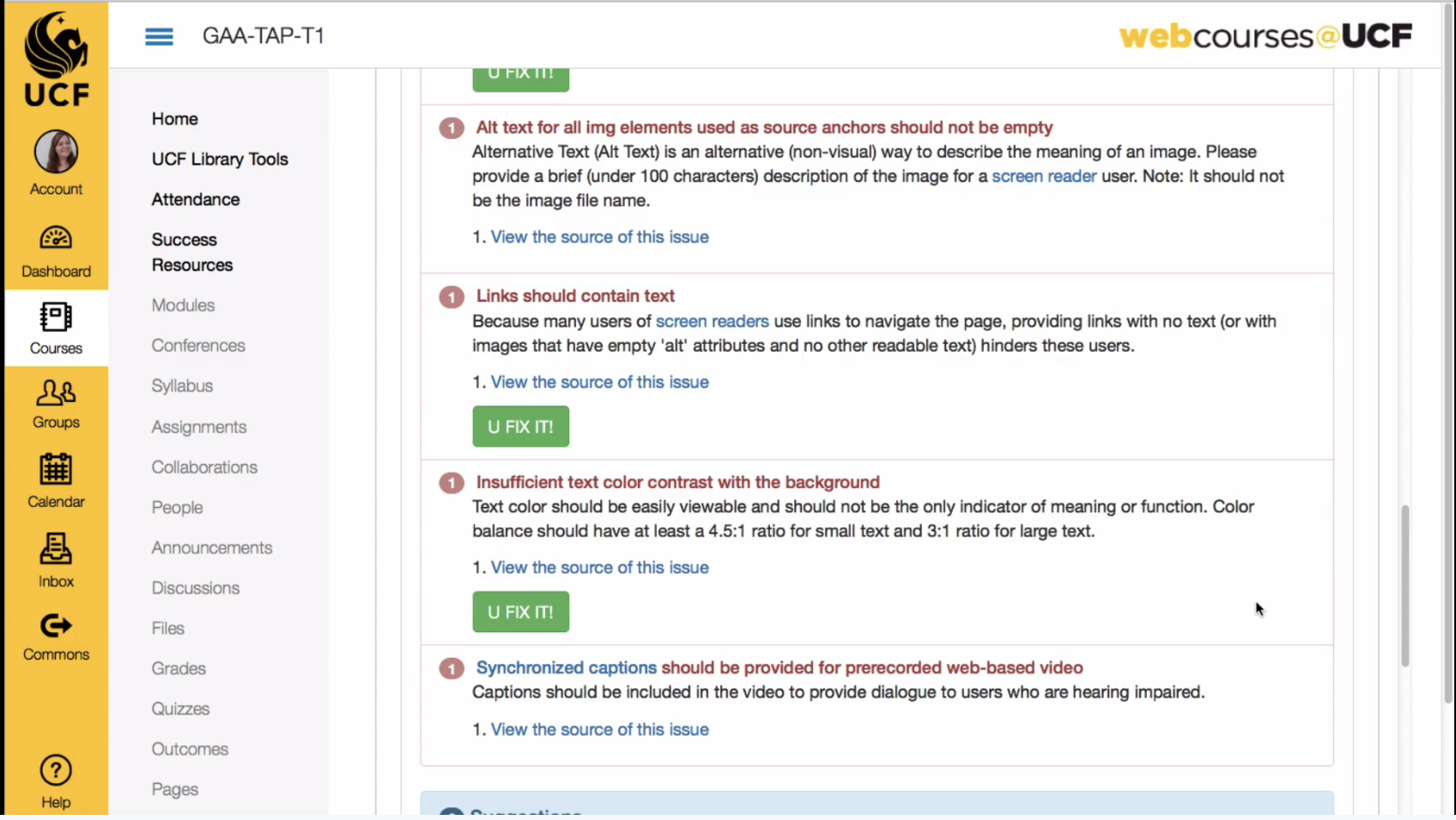 Screenshot of old UDOIT error list