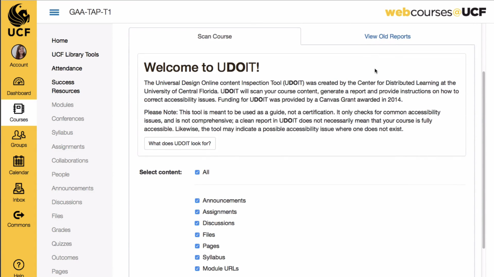 Screenshot of old UDOIT welcome screen