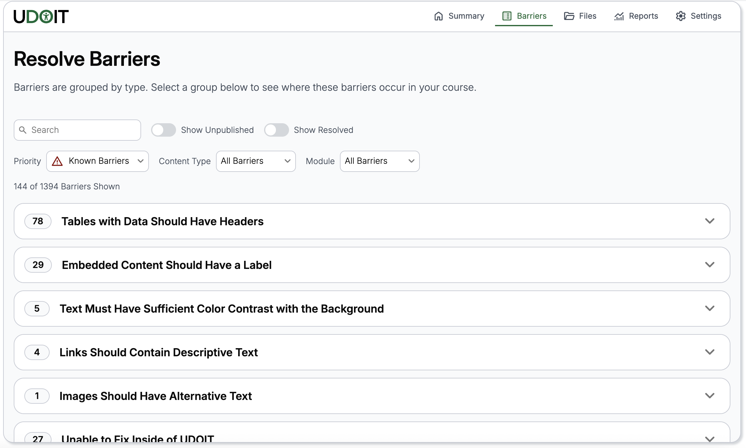 Screenshot of UDOIT Dropdowns
